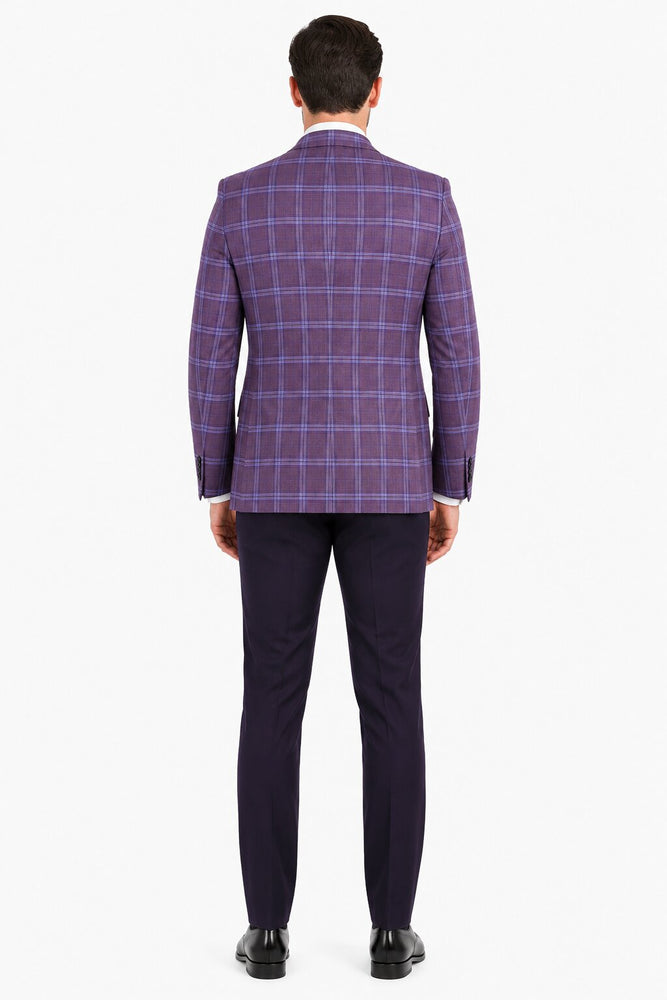 Mens 2 Button Suit with Low Cut Vest in Eggplant | Purple Plaid