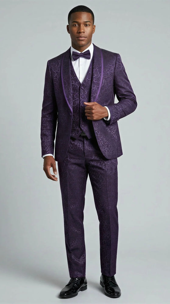 Purple Floral Shawl Lapel Tuxedo Set with Satin Trim – Wedding & Prom