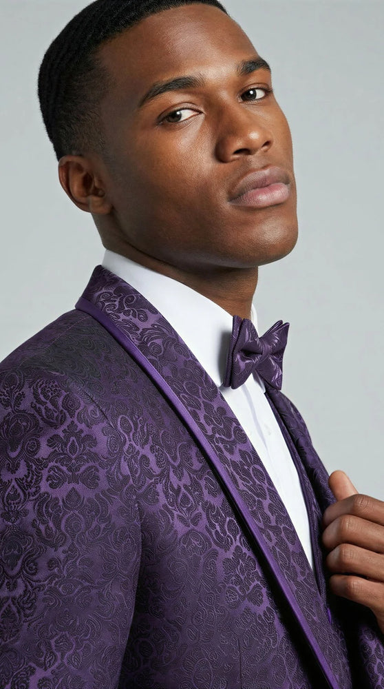 Purple Floral Shawl Lapel Tuxedo Set with Satin Trim – Wedding & Prom