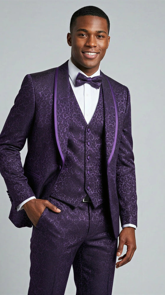Purple Floral Shawl Lapel Tuxedo Set with Satin Trim – Wedding & Prom