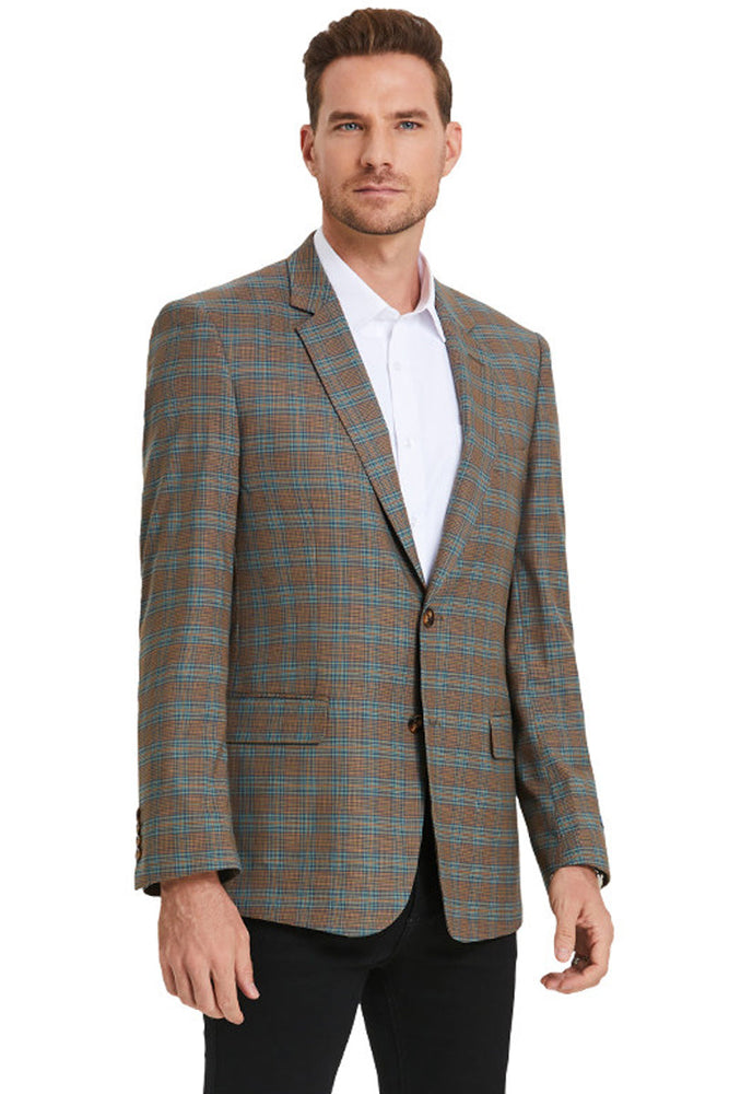 Men's Double Windowpane Sport Coat in Dark Camel Bronze & Teal
