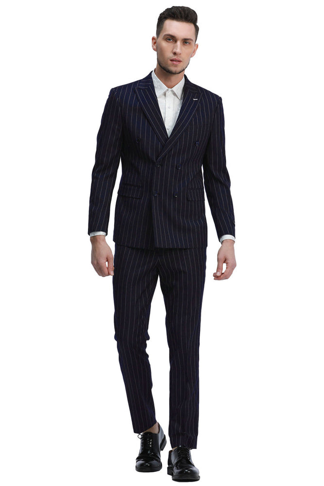 Men's Navy Pinstripe Double Breasted Suit by Tazzio