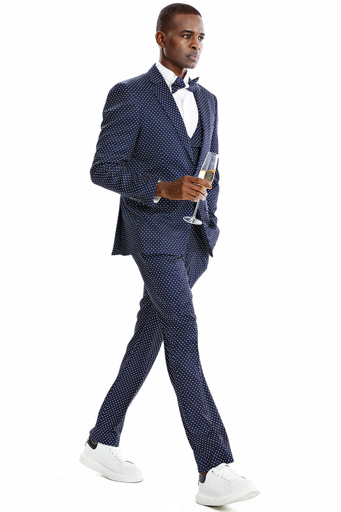 Men's Navy & White Polka Dot Vested Suit by Tazzio Suits