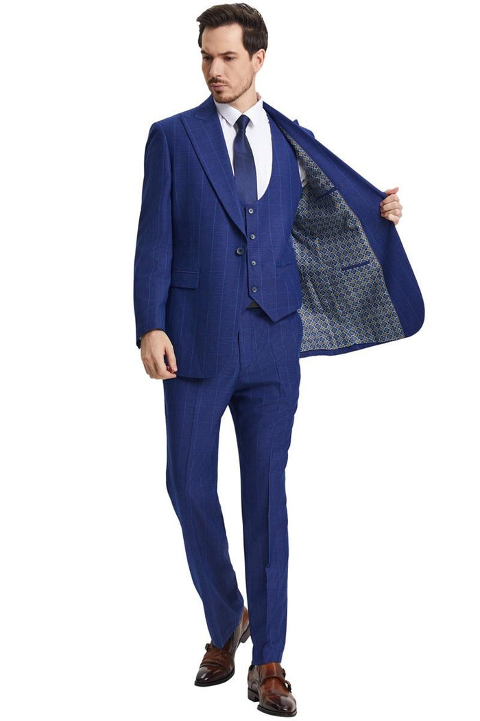 Men's Stacy Adams Peak Lapel Blue Windowpane Plaid Suit with a Scoop Neck Vest