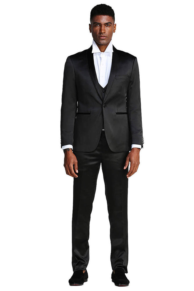 Men's Slim Fit Black Satin Vested Tuxedo