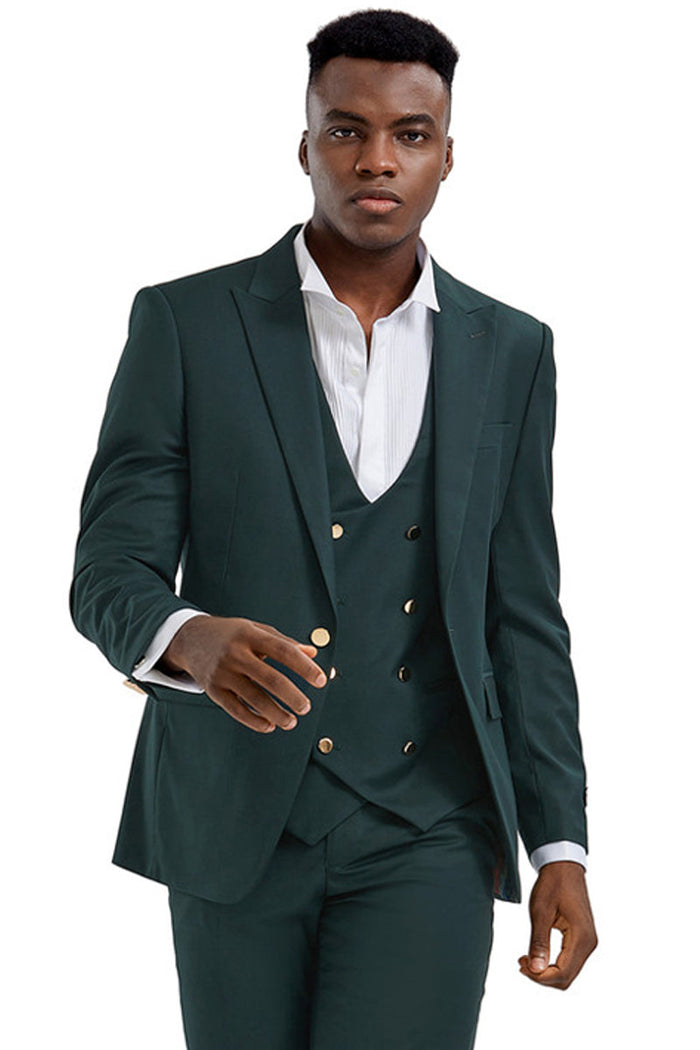 Men's Hunter Green Vested Suit with Gold Buttons by Tazzio Suits