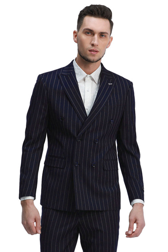 Men's Navy Pinstripe Double Breasted Suit by Tazzio