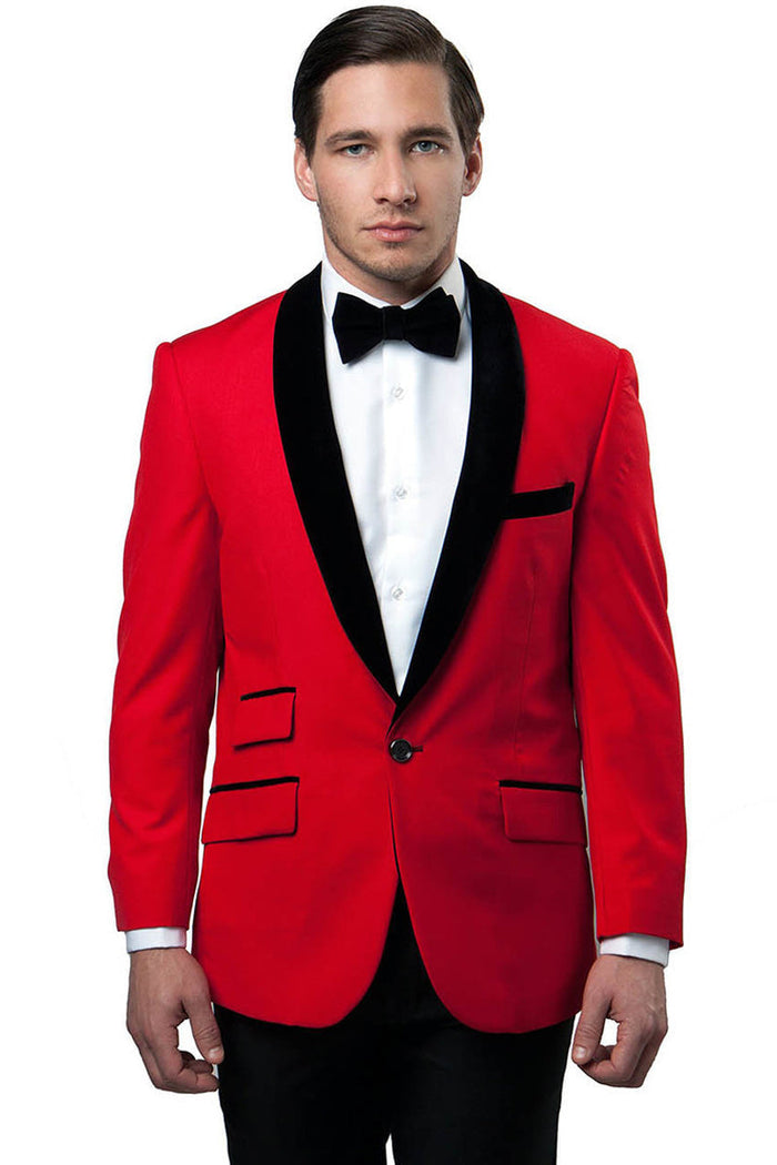 Men's Velvet Shawl Collar Tuxedo Jacket in Red from Tazzio Suits