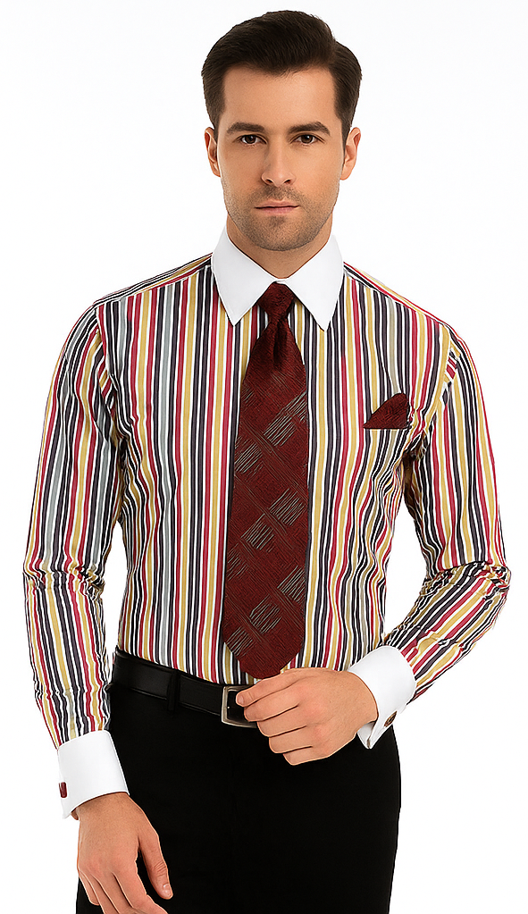 Red Cathedral Stripe Colorful Pinstripe Pattern - White Collared - French Cuffed Men's Dress Shirt - Striped Dress Shirt - Mens Pinstripe Dress Shirt