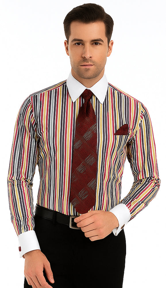 Red Cathedral Stripe Colorful Pinstripe Pattern - White Collared - French Cuffed Men's Dress Shirt - Striped Dress Shirt - Mens Pinstripe Dress Shirt