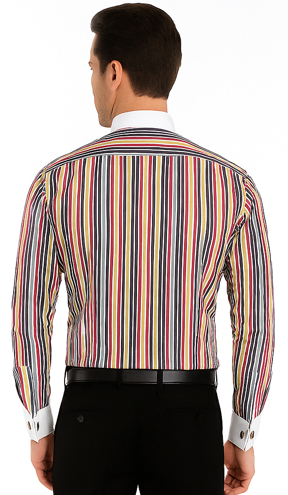 Red Cathedral Stripe Colorful Pinstripe Pattern - White Collared - French Cuffed Men's Dress Shirt - Striped Dress Shirt - Mens Pinstripe Dress Shirt