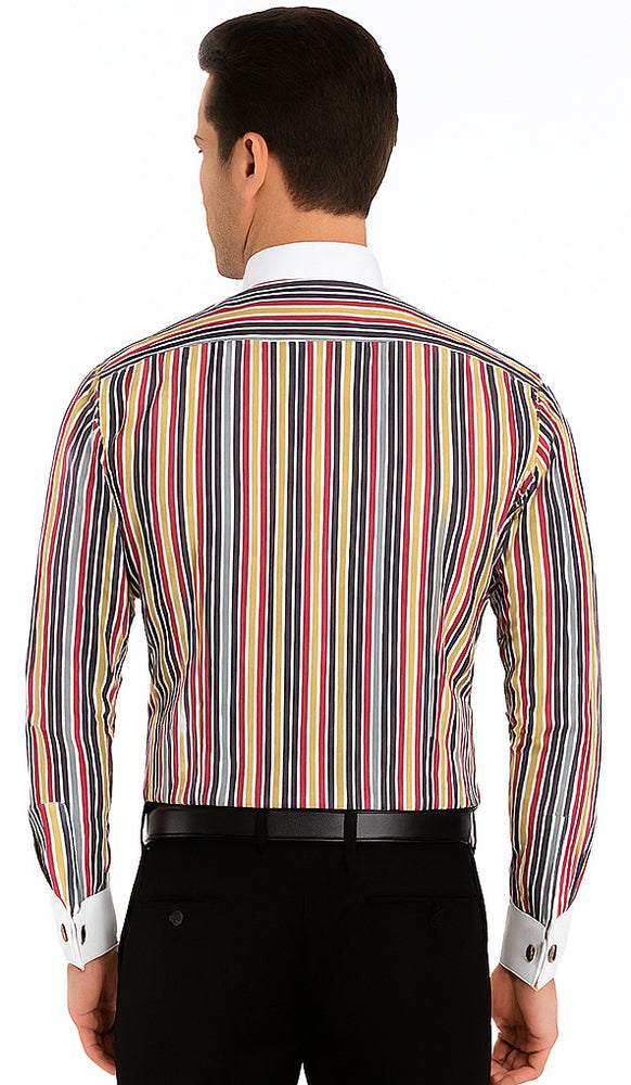 Red Cathedral Stripe Colorful Pinstripe Pattern - White Collared - French Cuffed Men's Dress Shirt - Striped Dress Shirt - Mens Pinstripe Dress Shirt