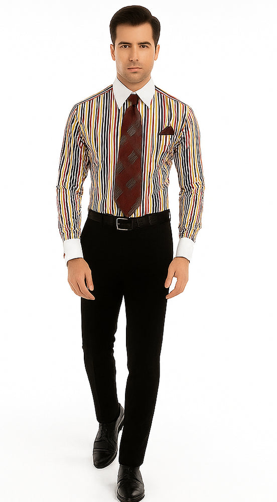 Red Cathedral Stripe Colorful Pinstripe Pattern - White Collared - French Cuffed Men's Dress Shirt - Striped Dress Shirt - Mens Pinstripe Dress Shirt
