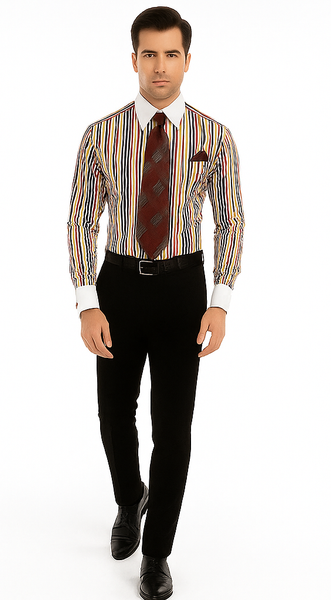 Red Cathedral Stripe Colorful Pinstripe Pattern - White Collared - French Cuffed Men's Dress Shirt - Striped Dress Shirt - Mens Pinstripe Dress Shirt