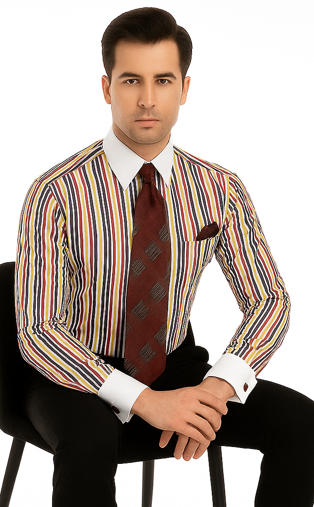 Red Cathedral Stripe Colorful Pinstripe Pattern - White Collared - French Cuffed Men's Dress Shirt - Striped Dress Shirt - Mens Pinstripe Dress Shirt