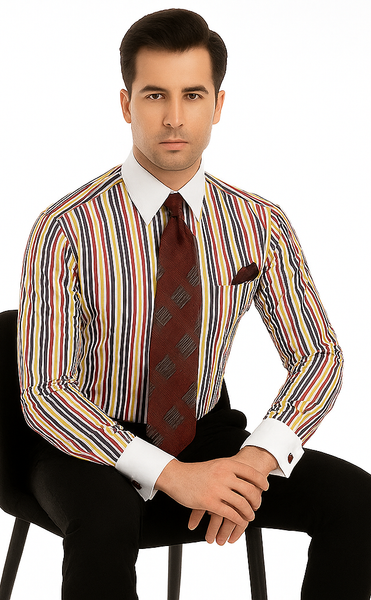 Red Cathedral Stripe Colorful Pinstripe Pattern - White Collared - French Cuffed Men's Dress Shirt - Striped Dress Shirt - Mens Pinstripe Dress Shirt