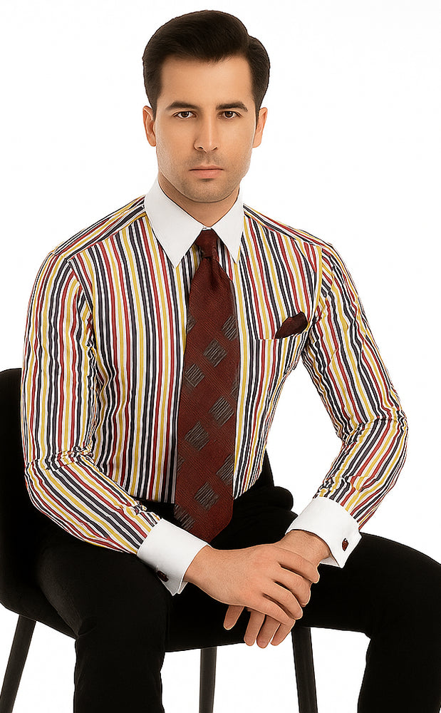 Red Cathedral Stripe Colorful Pinstripe Pattern - White Collared - French Cuffed Men's Dress Shirt - Striped Dress Shirt - Mens Pinstripe Dress Shirt