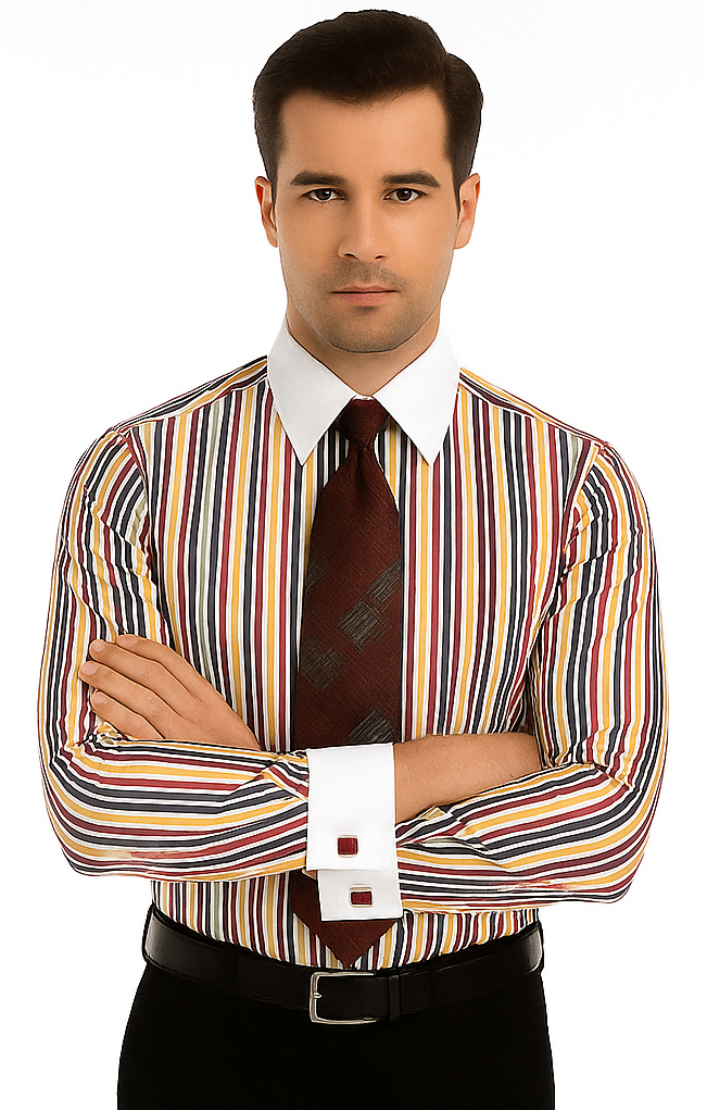 Red Cathedral Stripe Colorful Pinstripe Pattern - White Collared - French Cuffed Men's Dress Shirt - Striped Dress Shirt - Mens Pinstripe Dress Shirt