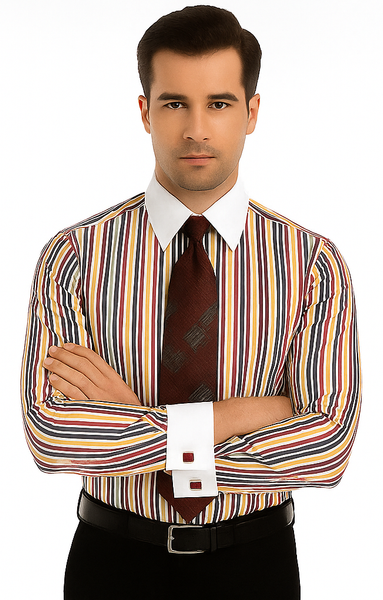 Red Cathedral Stripe Colorful Pinstripe Pattern - White Collared - French Cuffed Men's Dress Shirt - Striped Dress Shirt - Mens Pinstripe Dress Shirt