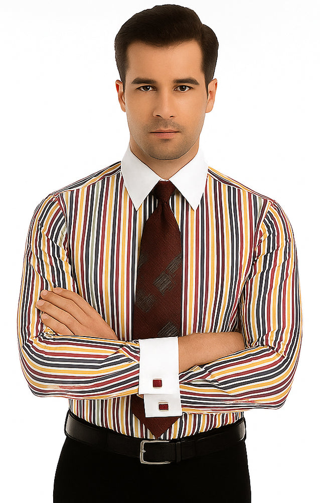 Red Cathedral Stripe Colorful Pinstripe Pattern - White Collared - French Cuffed Men's Dress Shirt - Striped Dress Shirt - Mens Pinstripe Dress Shirt