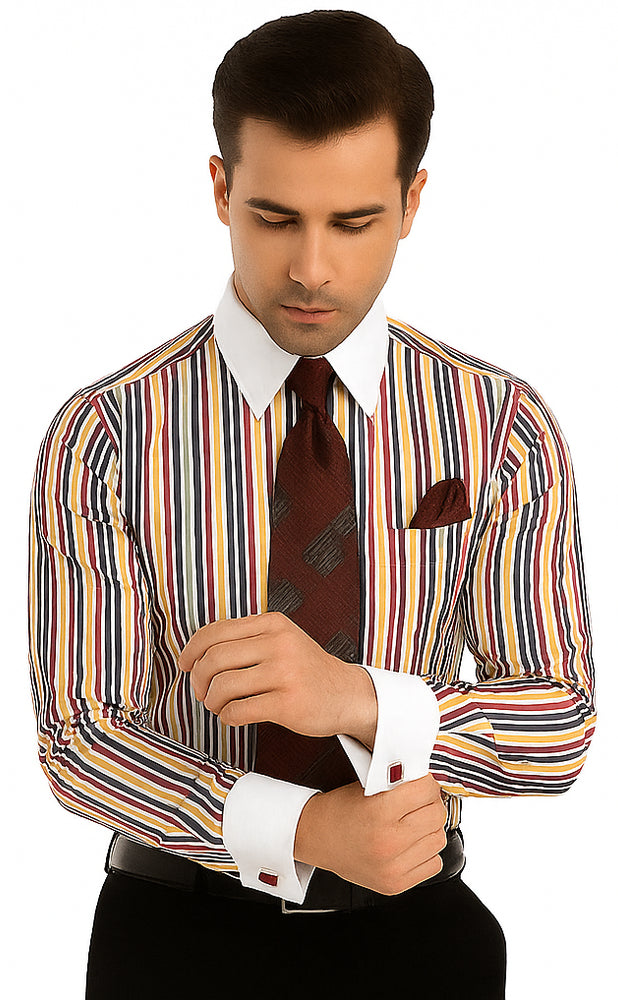 Red Cathedral Stripe Colorful Pinstripe Pattern - White Collared - French Cuffed Men's Dress Shirt - Striped Dress Shirt - Mens Pinstripe Dress Shirt