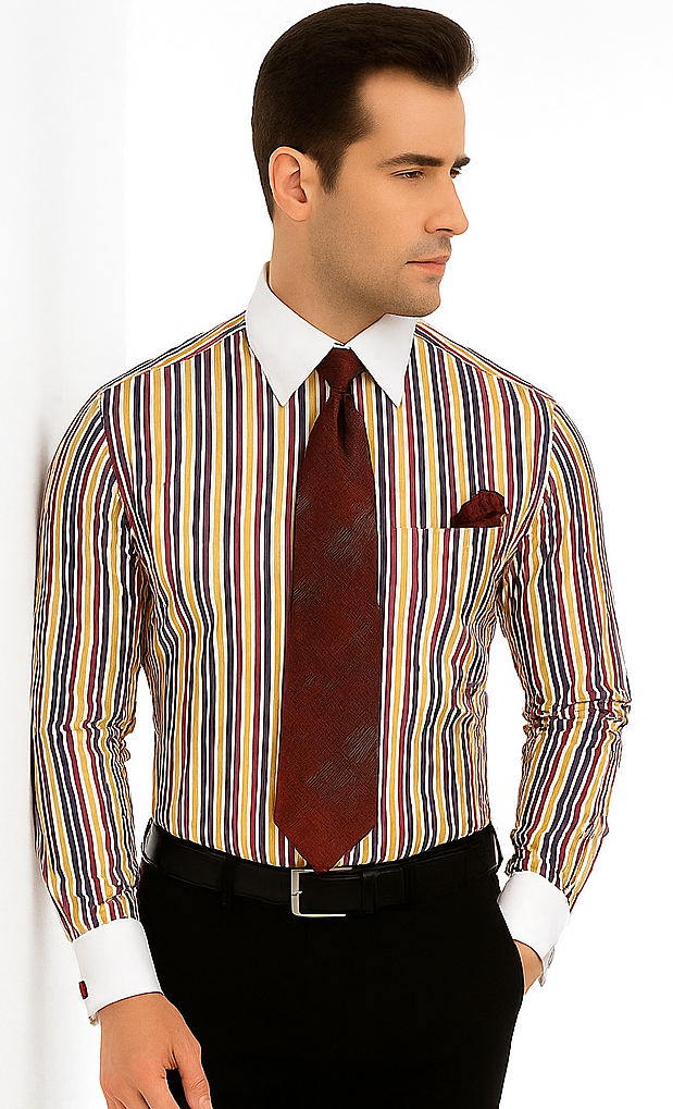 Red Cathedral Stripe Colorful Pinstripe Pattern - White Collared - French Cuffed Men's Dress Shirt - Striped Dress Shirt - Mens Pinstripe Dress Shirt