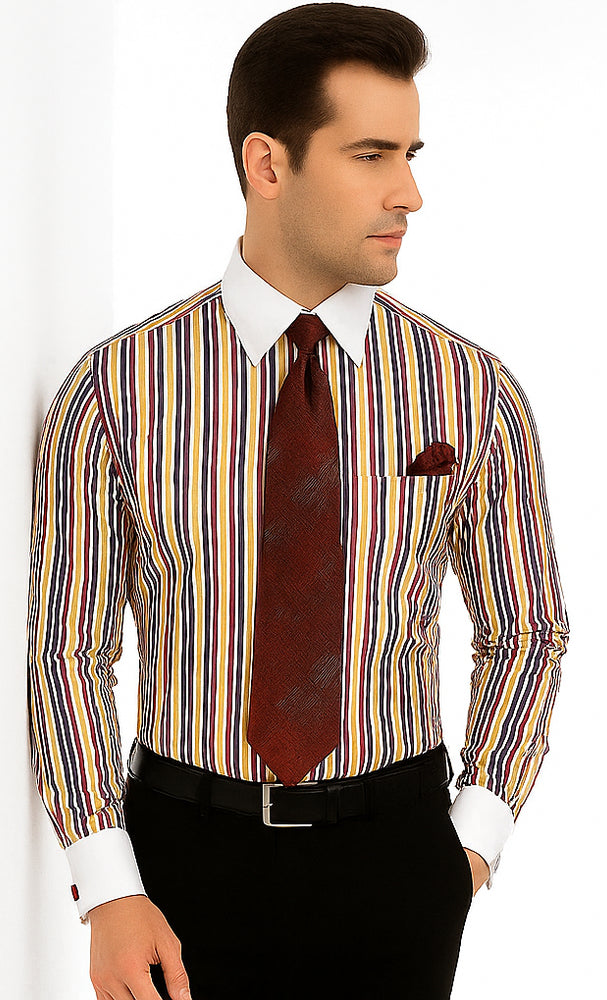 Red Cathedral Stripe Colorful Pinstripe Pattern - White Collared - French Cuffed Men's Dress Shirt - Striped Dress Shirt - Mens Pinstripe Dress Shirt