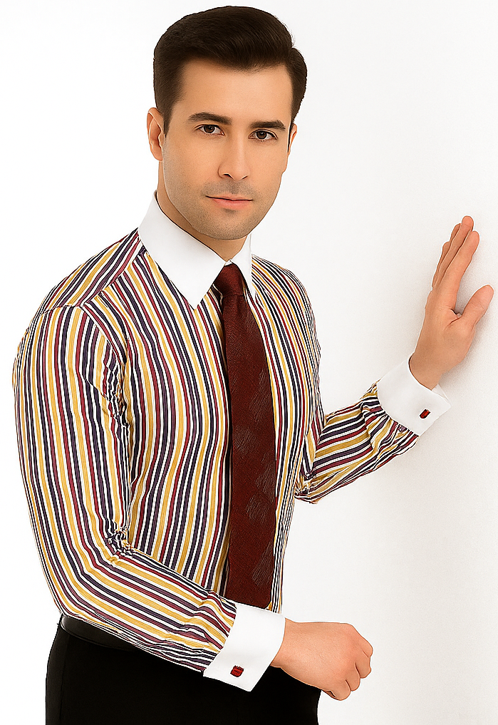 Red Cathedral Stripe Colorful Pinstripe Pattern - White Collared - French Cuffed Men's Dress Shirt - Striped Dress Shirt - Mens Pinstripe Dress Shirt