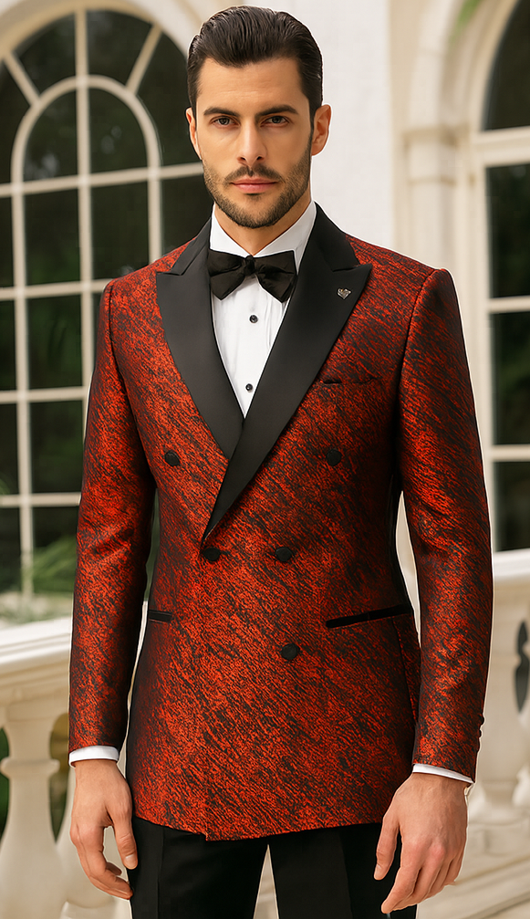 Red Double Breasted Rough Streak Pattern Satin Peak Lapel Stacy Adams ...