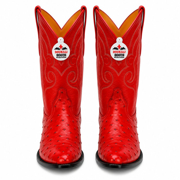 Los Altos Boots Red Ostrich J-Toe Cowboy Boots - Botas De Avestruz