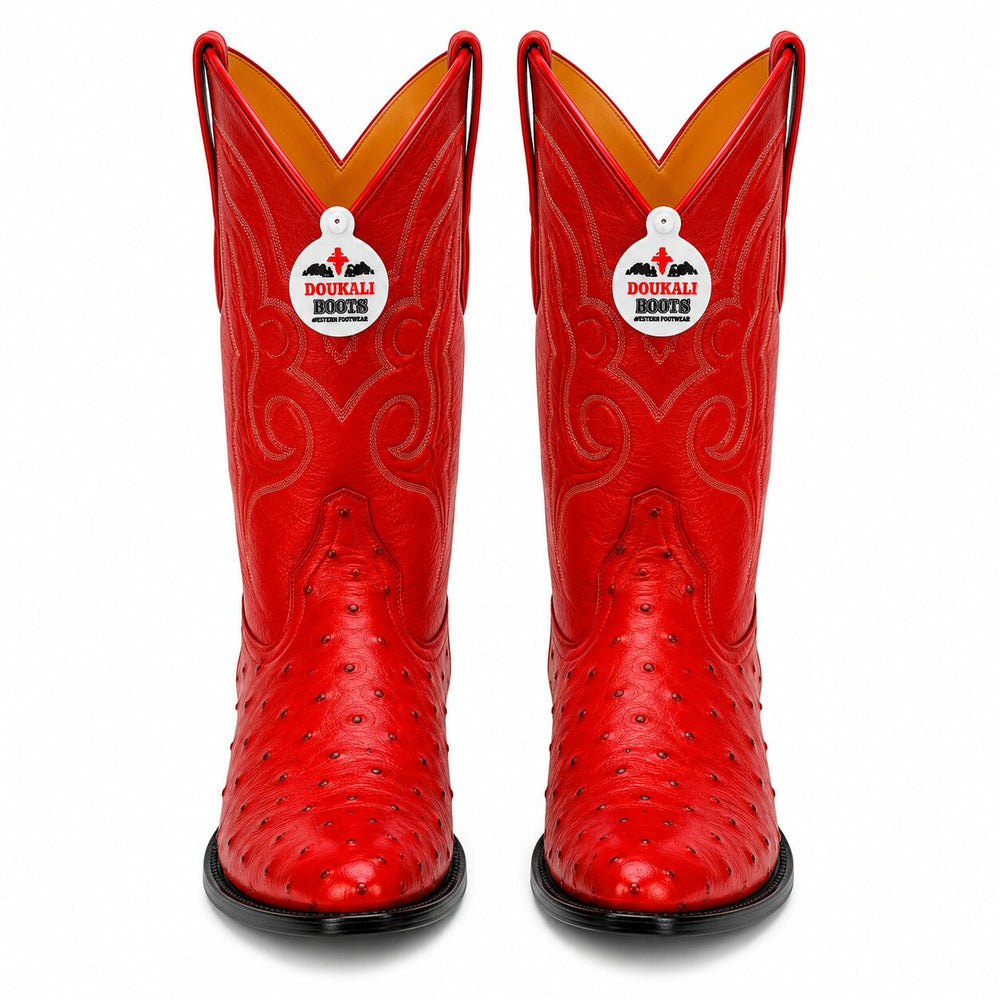 Los Altos Boots Red Ostrich J-Toe Cowboy Boots - Botas De Avestruz