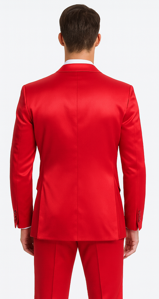 Stylish Red Satin Double Breasted 3 Piece Slim Fit Tazzio Men's Suit with Peak Lapel