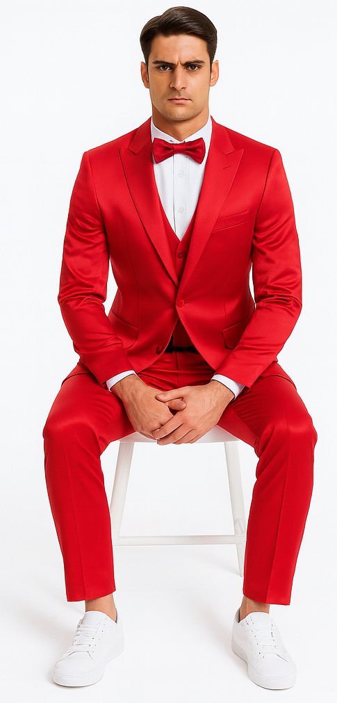 Stylish Red Satin Double Breasted 3 Piece Slim Fit Tazzio Men's Suit with Peak Lapel