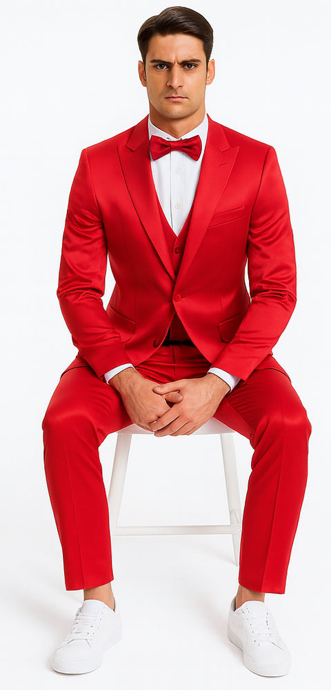 Stylish Red Satin Double Breasted 3 Piece Slim Fit Tazzio Men's Suit with Peak Lapel