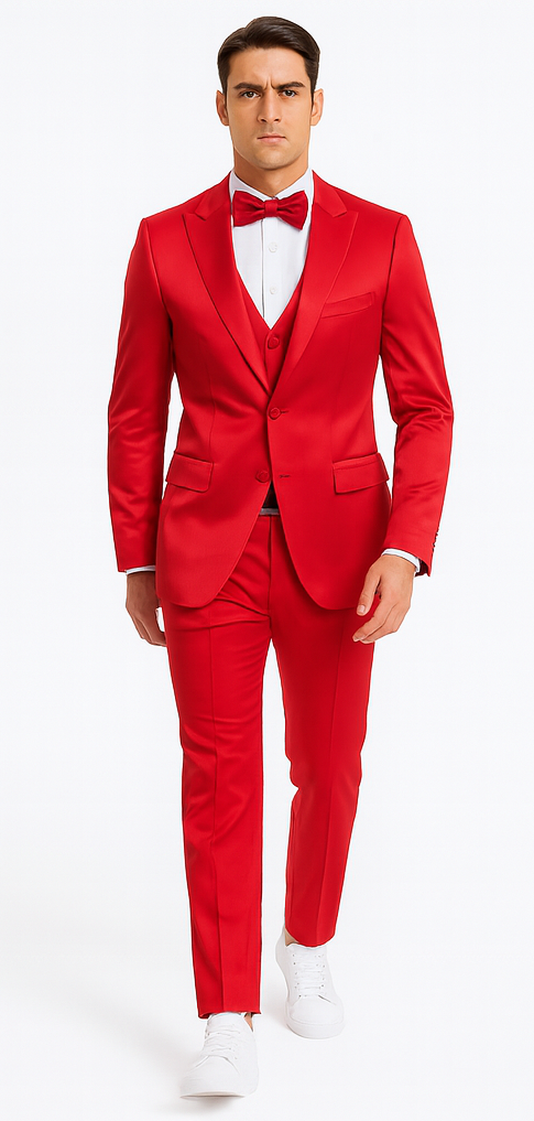 Stylish Red Satin Double Breasted 3 Piece Slim Fit Tazzio Men's Suit with Peak Lapel