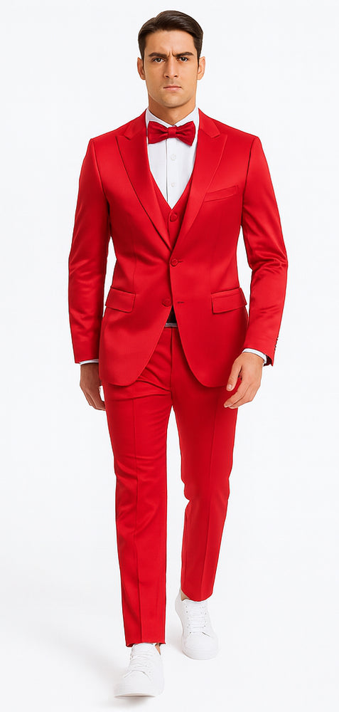 Stylish Red Satin Double Breasted 3 Piece Slim Fit Tazzio Men's Suit with Peak Lapel