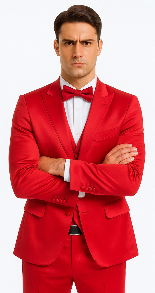 Stylish Red Satin Double Breasted 3 Piece Slim Fit Tazzio Men's Suit with Peak Lapel