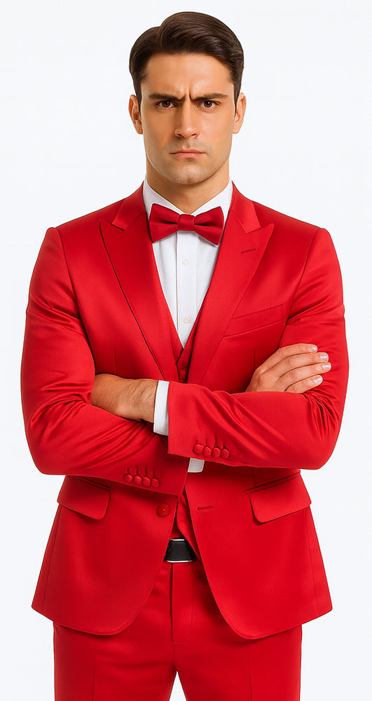 Stylish Red Satin Double Breasted 3 Piece Slim Fit Tazzio Men's Suit with Peak Lapel