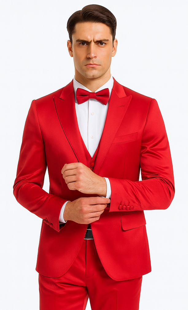 Stylish Red Satin Double Breasted 3 Piece Slim Fit Tazzio Men's Suit with Peak Lapel