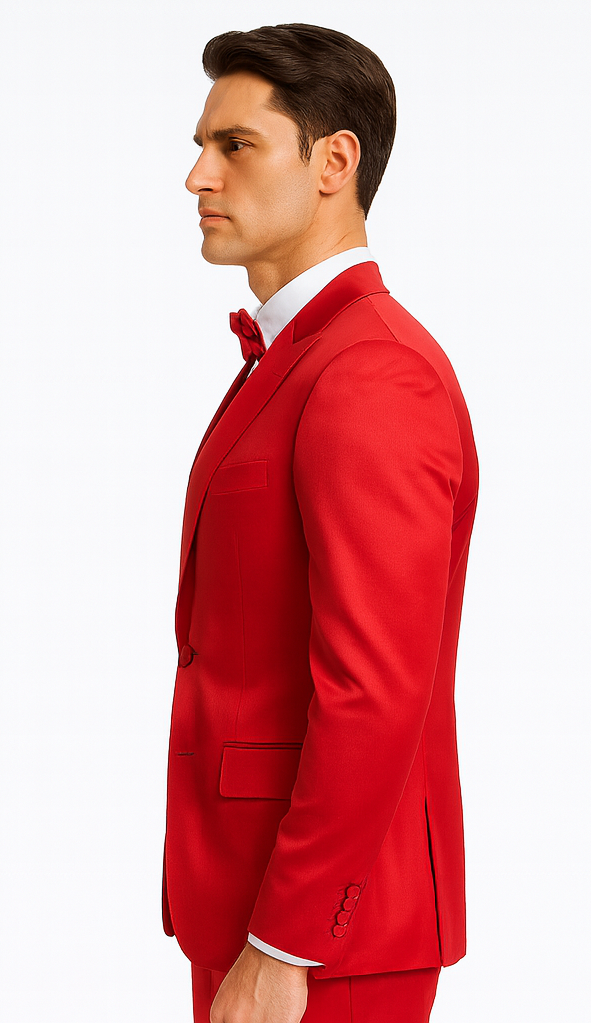 Stylish Red Satin Double Breasted 3 Piece Slim Fit Tazzio Men's Suit with Peak Lapel