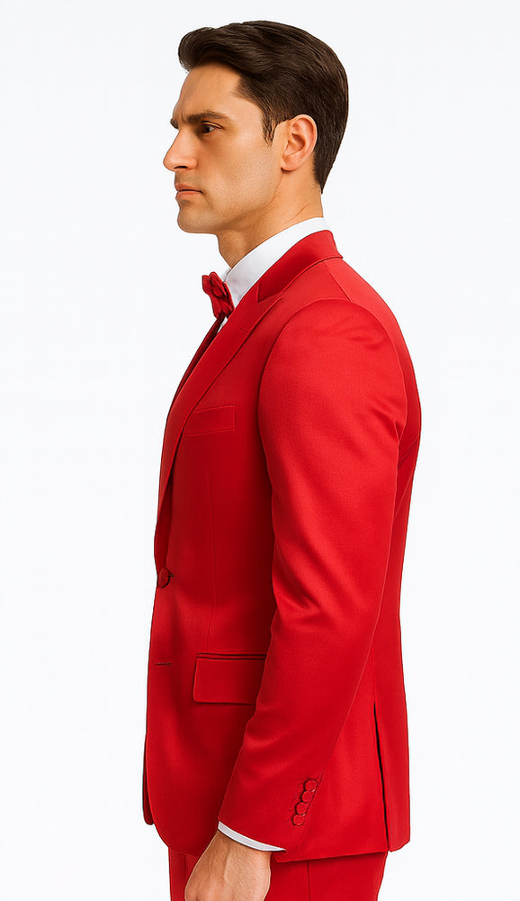 Stylish Red Satin Double Breasted 3 Piece Slim Fit Tazzio Men's Suit with Peak Lapel
