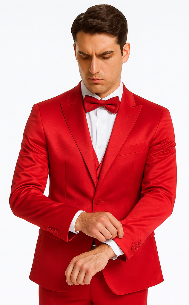 Stylish Red Satin Double Breasted 3 Piece Slim Fit Tazzio Men's Suit with Peak Lapel