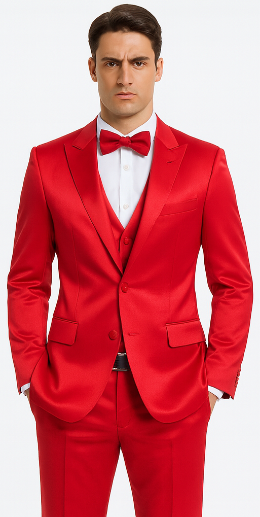 Stylish Red Satin Double Breasted 3 Piece Slim Fit Tazzio Men's Suit with Peak Lapel