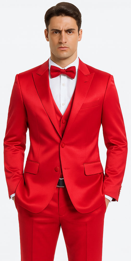 Stylish Red Satin Double Breasted 3 Piece Slim Fit Tazzio Men's Suit with Peak Lapel