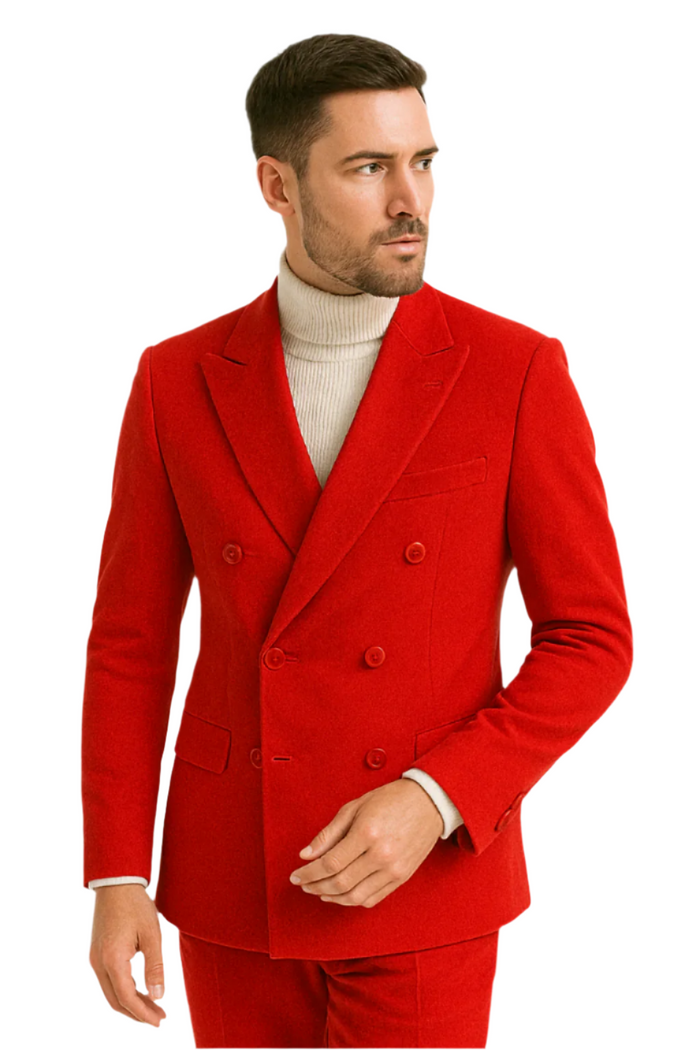 Mens Slim Fit Red Velvet Double Breasted Suit with Peak Lapel – Formal Tuxedo Style