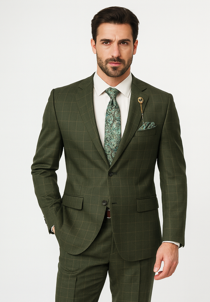 Regular Fit Olive Green Glen Plaid Three-Piece Suit