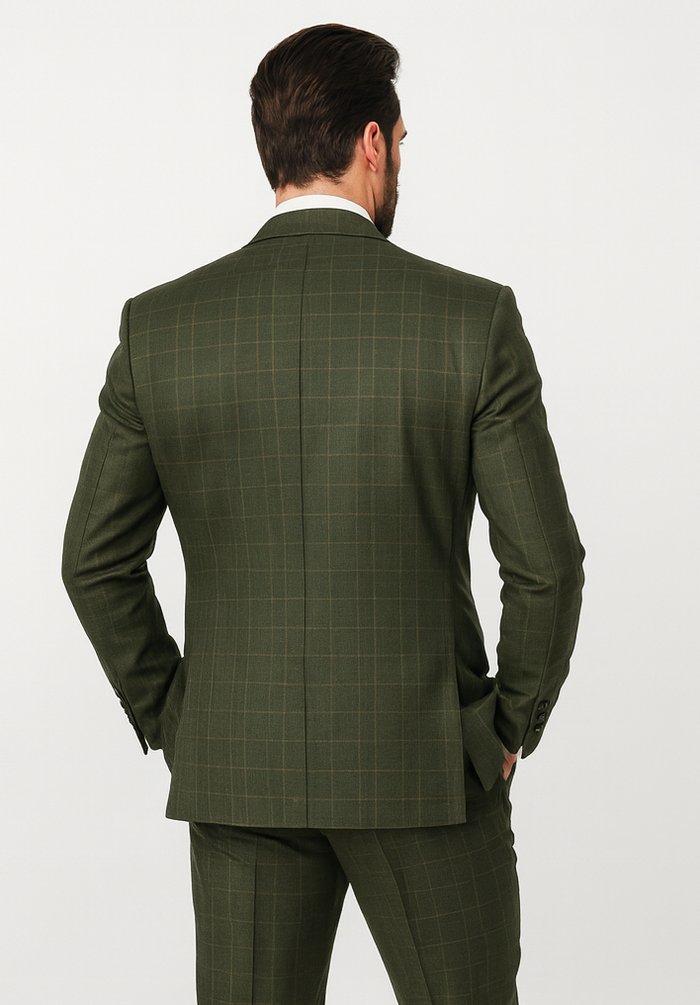 Regular Fit Olive Green Glen Plaid Three-Piece Suit