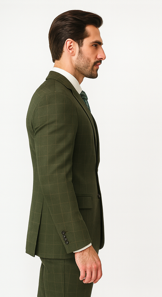 Regular Fit Olive Green Glen Plaid Three-Piece Suit