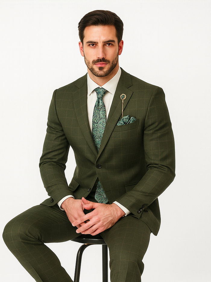 Regular Fit Olive Green Glen Plaid Three-Piece Suit