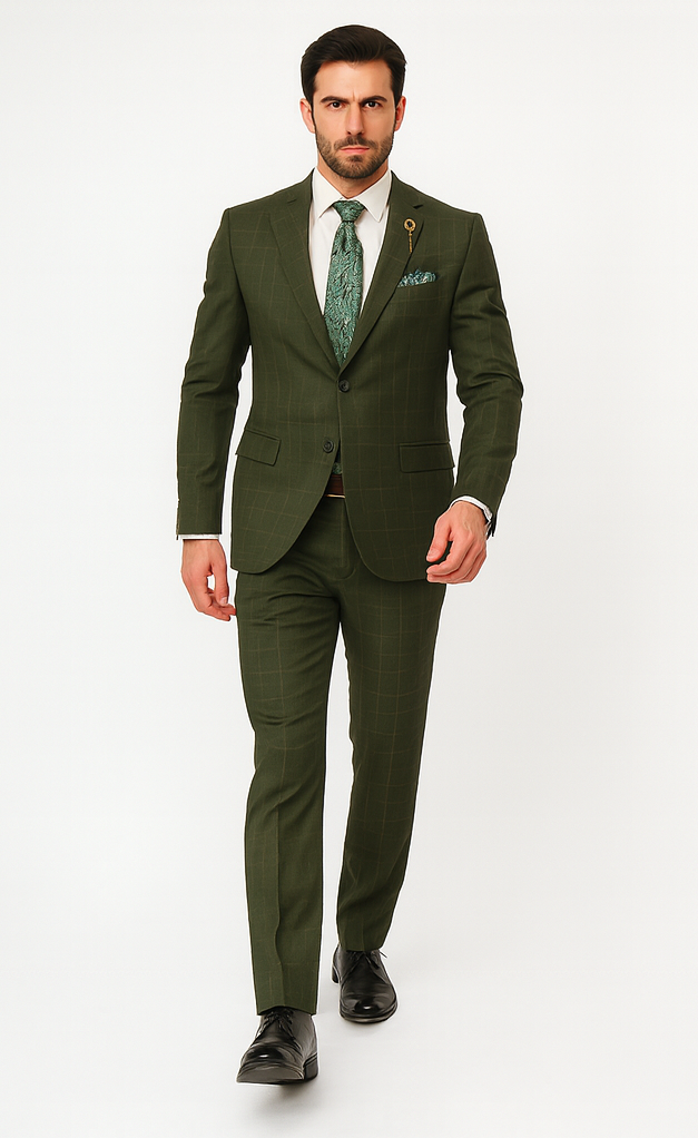 Regular Fit Olive Green Glen Plaid Three-Piece Suit